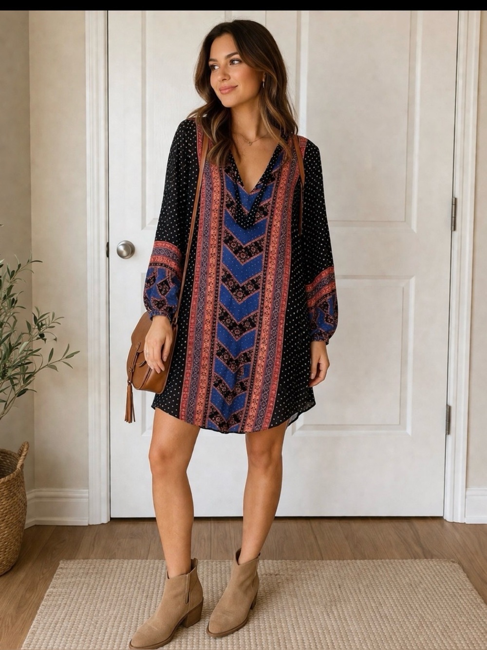 Free People Black Boho Printed Tunic Dress with Blue and Coral Accents